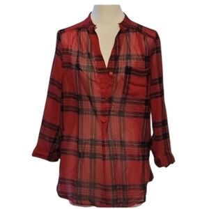 NWOT TRUTH nyc Red, Black and Yellow Plaid Sheer Button Down Blouse Size Medium